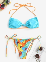 Halter Knotted Colorblock Butterfly Print String Bikini Swimwear Blue