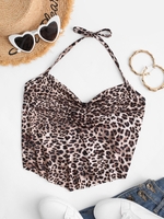 Halter Leopard Panel Knit Crop Top Light coffee