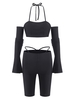Halter Long Sleeve Cutout Biker Shorts Set M Black