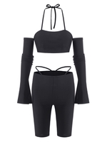 Halter Long Sleeve Cutout Biker Shorts Set M Black