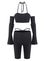 Halter Long Sleeve Cutout Biker Shorts Set S Black