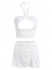 Halter Loops Cutout Top and Draped Mini Skirt Set L White