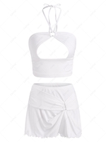 Halter Loops Cutout Top and Draped Mini Skirt Set L White