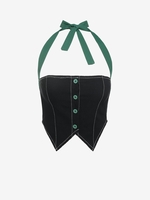 Halter Mock Button Corset Style Top L Black