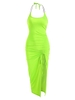 Halter Neon Chain Panel Cinched Ruched Slinky Midi Dress S Green