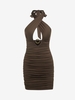 Halter O Ring Ruched Backless Bodycon Dress L Coffee