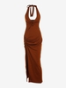 Halter O-ring Thigh Slit Open Back Maxi Dress L Coffee
