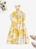 Halter Open Back Floral Mini Dress Xl Yellow