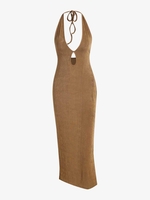 Halter Open Back Oval Cut Out Thigh Slit Dress L Coffee