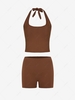 Halter Open Back Top and Biker Shorts Set S Deep coffee