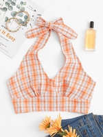 Halter Plaid Back Knot Crop Top L Orange