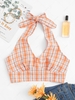 Halter Plaid Back Knot Crop Top M Orange
