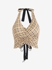 Halter Plaid Cinched Tie Back Crop Top M Multi a