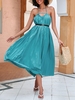 Halter Pleated Smocked Belted Dress L Blue