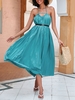 Halter Pleated Smocked Belted Dress M Blue
