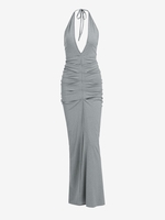 Halter Plunge Front Ruched Backless Maxi Dress M Gray