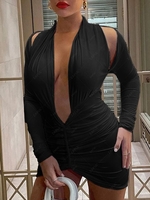 Halter Plunge Front Ruched Bodycon Dress M Black