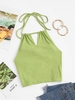 Halter Rib-knit Keyhole Cutout Back Knot Top S Green