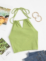 Halter Rib-knit Keyhole Cutout Back Knot Top S Green