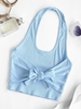 Halter Rib-knit Knot Front Crop Tank Top M Light blue