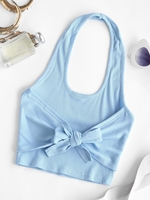 Halter Rib-knit Knot Front Crop Tank Top S Light blue