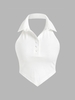 Halter Rib-knit Open Back Crop Polo Tank Top L White