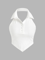Halter Rib-knit Open Back Crop Polo Tank Top L White