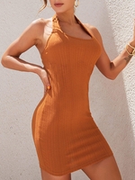 Halter Rib-knit Slinky Open Back Dress L Dark orange