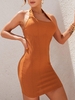 Halter Rib-knit Slinky Open Back Dress M Dark orange