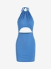 Halter Ribbed Backless Mini Dress M Blue