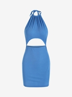 Halter Ribbed Backless Mini Dress M Blue