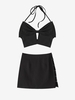 Halter Ribbed Bowknot Top and Cut Out Skirt Set Black