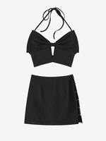 Halter Ribbed Bowknot Top and Cut Out Skirt Set Black