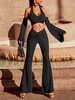 Halter Ribbed Crop Top and Twist Flare Pants Set L Black