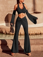 Halter Ribbed Crop Top and Twist Flare Pants Set L Black