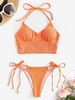 Halter Ribbed Cut Out Tie Bikini Swimwear Dark orange