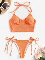 Halter Ribbed Cut Out Tie Bikini Swimwear Dark orange