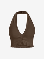 Halter Ribbed Frilled Crop Top L Deep coffee