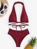 Halter Ribbed High Waisted Floss Bikini Swimwear Deep red
