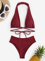 Halter Ribbed High Waisted Floss Bikini Swimwear Deep red