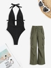 Halter Ribbed One-piece Swimsuit with Pockets Cargo Parachute Pants Black