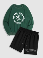 Happy Halloween Skull Graphic Sweatshirt and LOS ANGELES Letter Printed Shorts Set Deep green