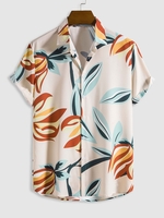 Hawaii Style Leaves Pattern Button Front Shirt Xl Beige