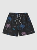 Hawaiian Letter Coconut Tree Graphic Print Drawstring Beach Shorts Xxl Black