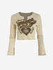 Heart Angel Print V Notched Slit Cuff Crop T Shirt L Light coffee