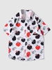 Heart Cartoon Animal Print Short Sleeve Pocket Shirt L White