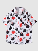 Heart Cartoon Animal Print Short Sleeve Pocket Shirt L White