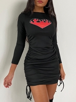 Heart Flame Cinched Side Ribbed Dress L Black