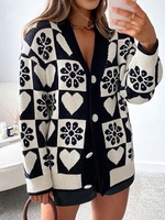 Heart Floral Checkerboard Button Up Cardigan M Black
