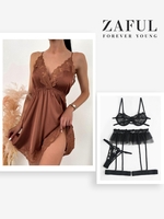 Heart Mesh Garter Lingerie Set With Lace Spliced Chemise Night Slip Dress Black
